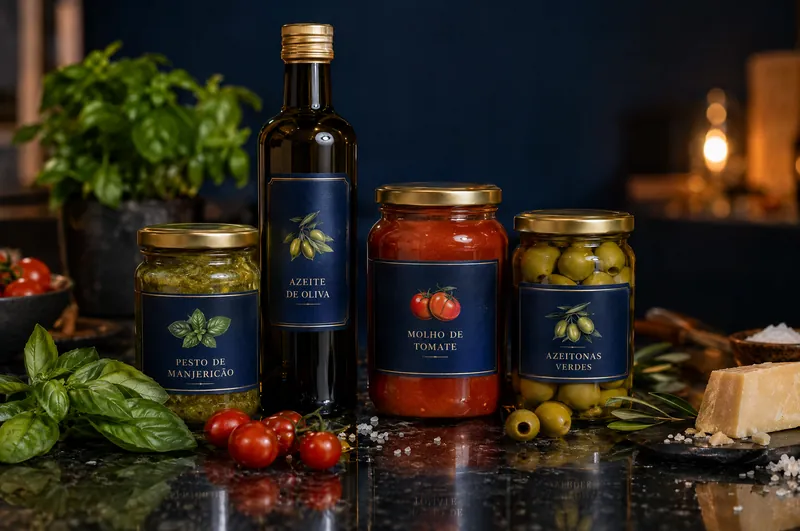 Potes de pesto, molho de tomate e azeitonas e garrafa de azeite com rótulos navy e dourados sobre bancada de granito
