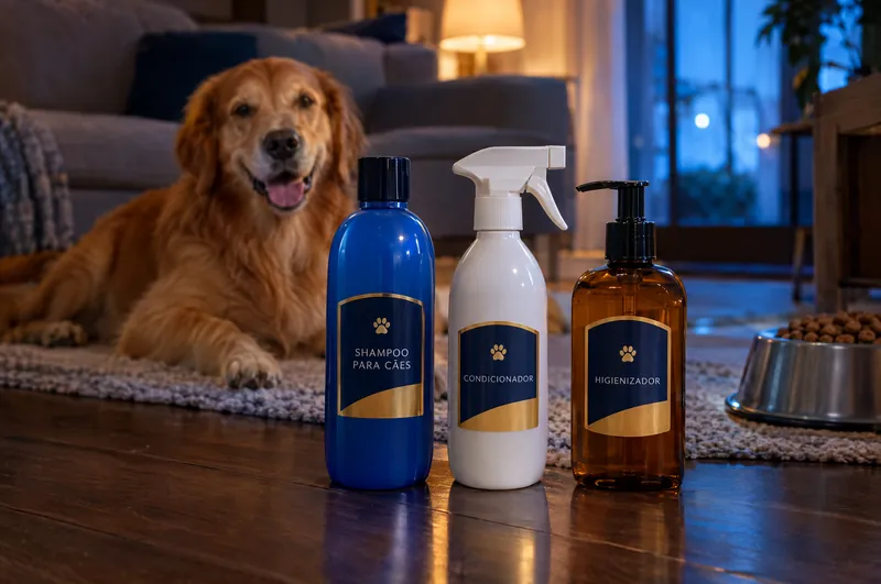 Shampoo, condicionador e higienizador para pets com rótulos navy e dourados, com um golden retriever ao fundo